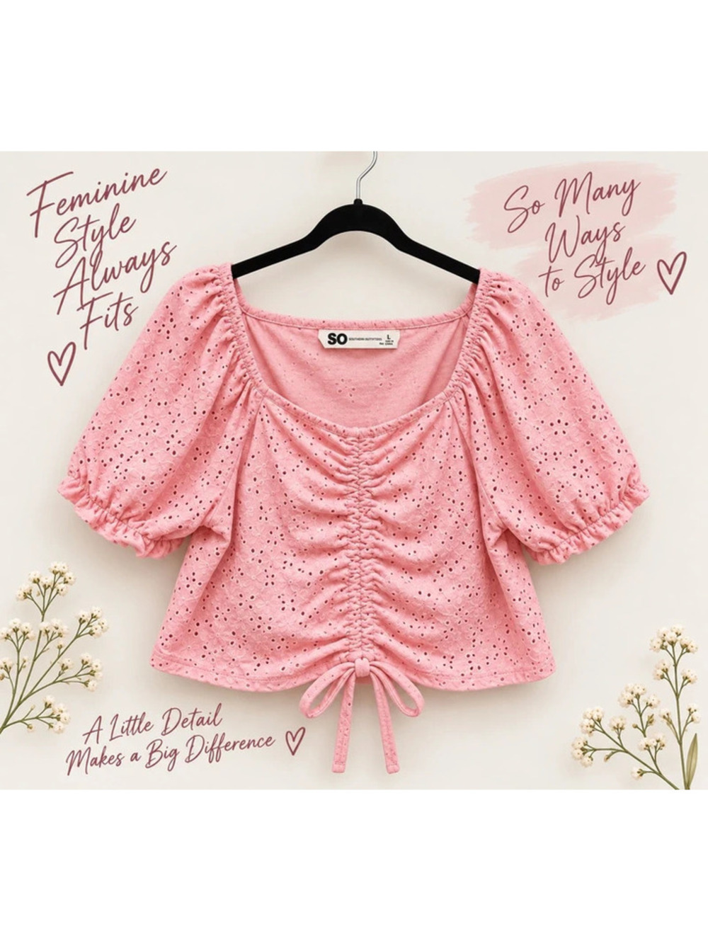 SO Blush Pink Eyelet Ruched Puff-Sleeve Crop Top XL